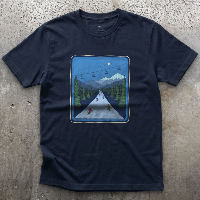 Bluebird Groomer, Piste Marker design on a Navy Gildan Softstyle t-shirt