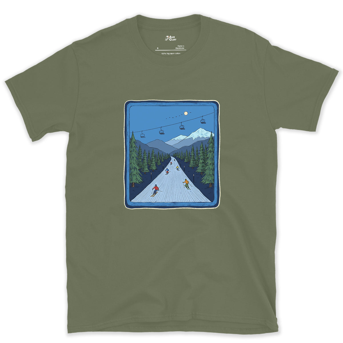 Bluebird Groomer, Piste Marker design on a Military Green Gildan Softstyle t-shirt
