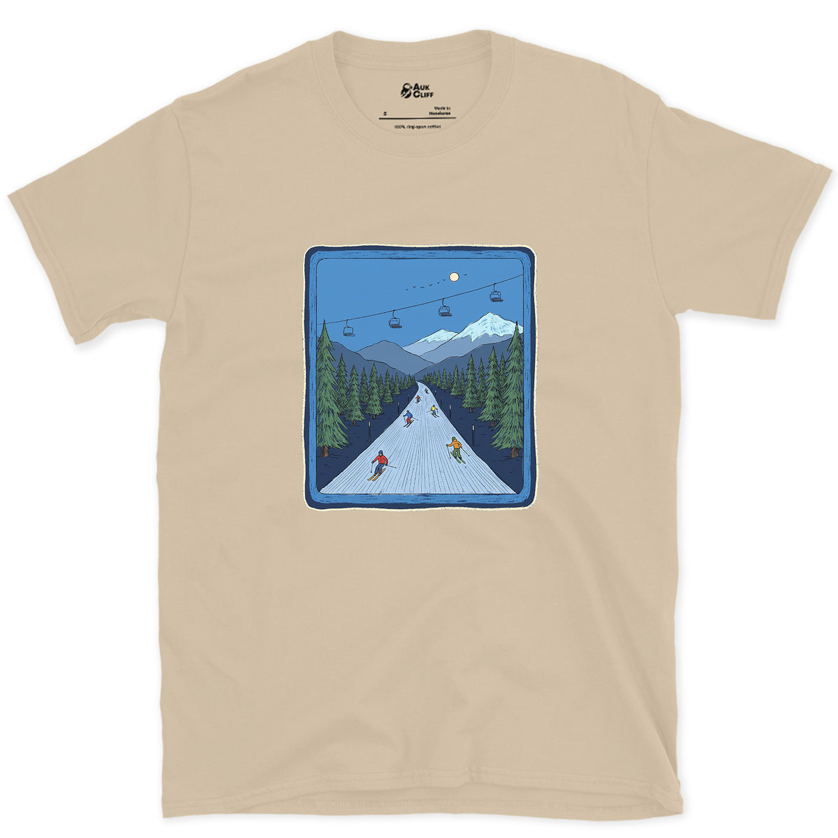 Bluebird Groomer, Piste Marker design on a Sand Gildan Softstyle t-shirt
