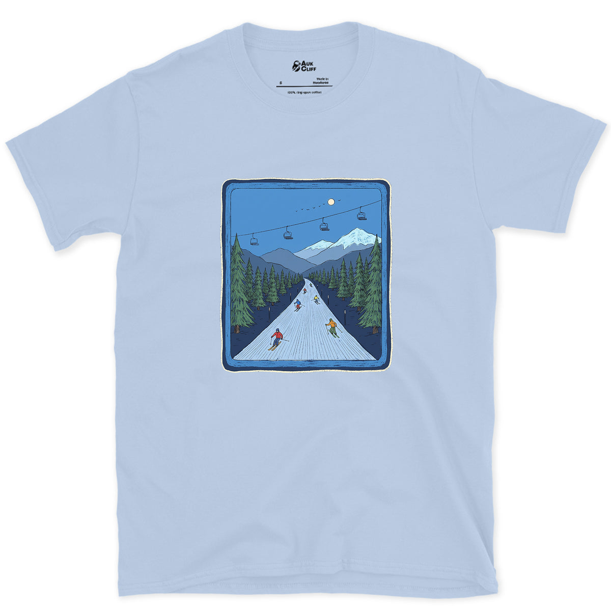 Bluebird Groomer, Piste Marker design on a Light Blue Gildan Softstyle t-shirt