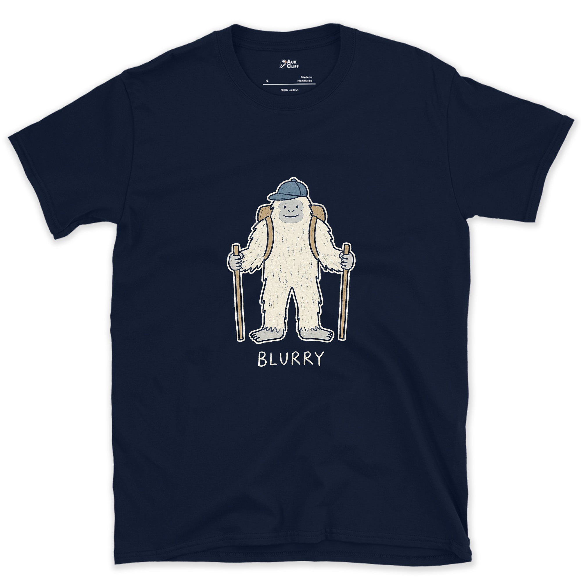 No One Gets a Clear Photo of the Yeti Hiker design on a Navy Gildan Softstyle t-shirt