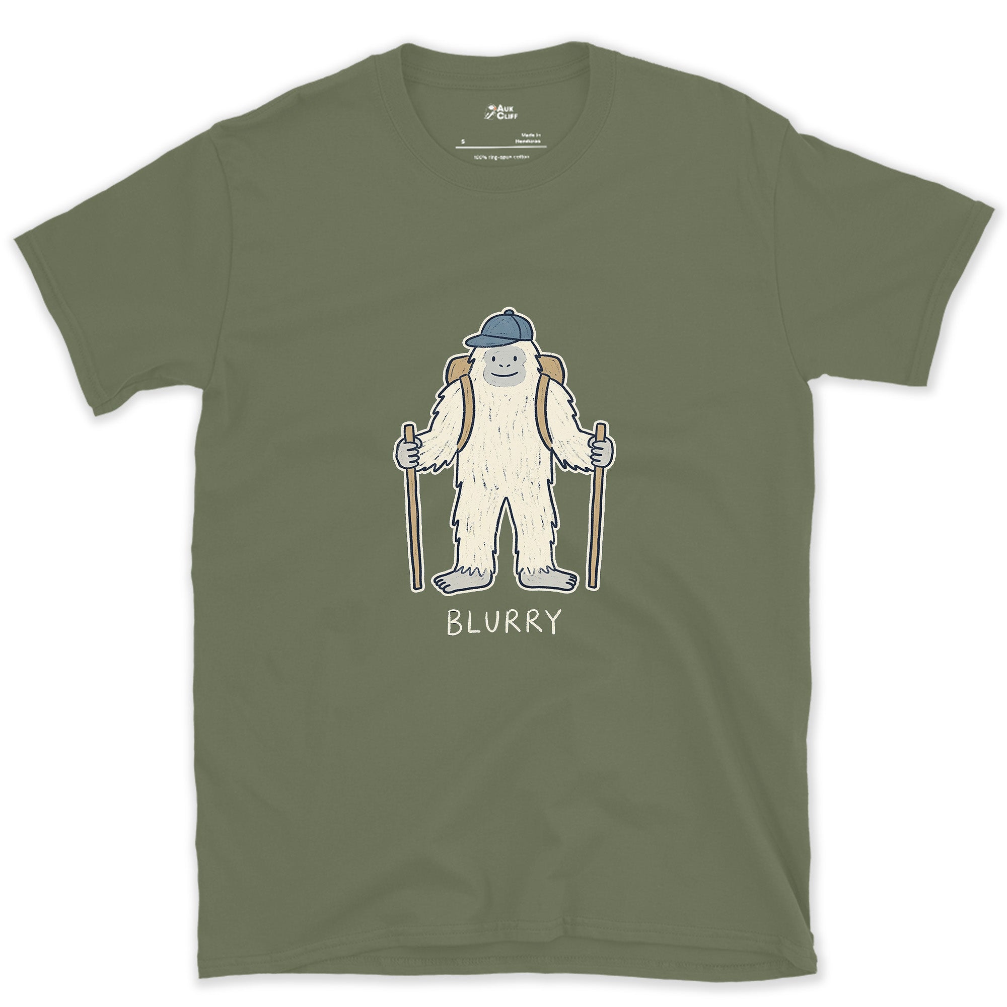 No One Gets a Clear Photo of the Yeti Hiker design on a Military Green Gildan Softstyle t-shirt