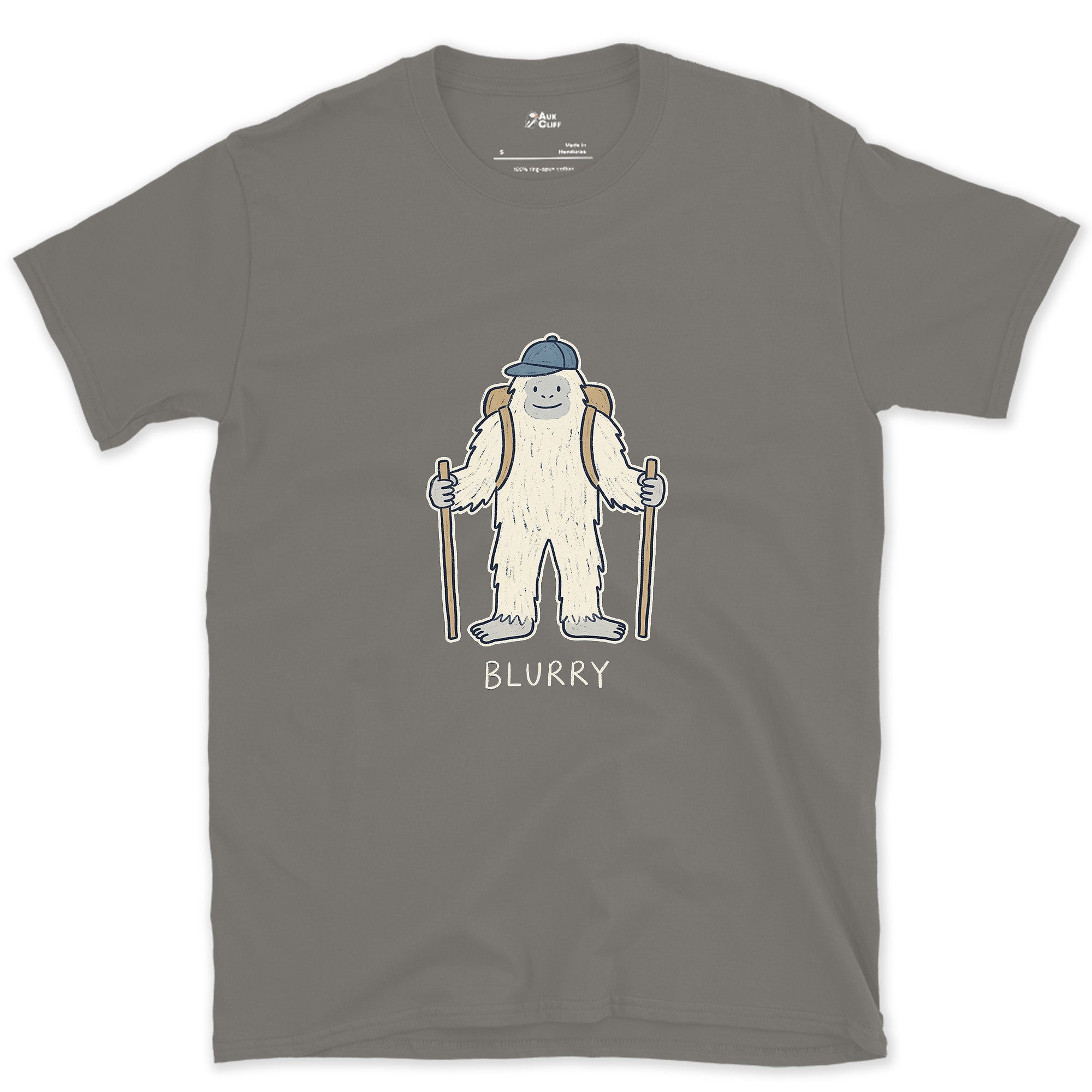 No One Gets a Clear Photo of the Yeti Hiker design on a Charcoal Gildan Softstyle t-shirt