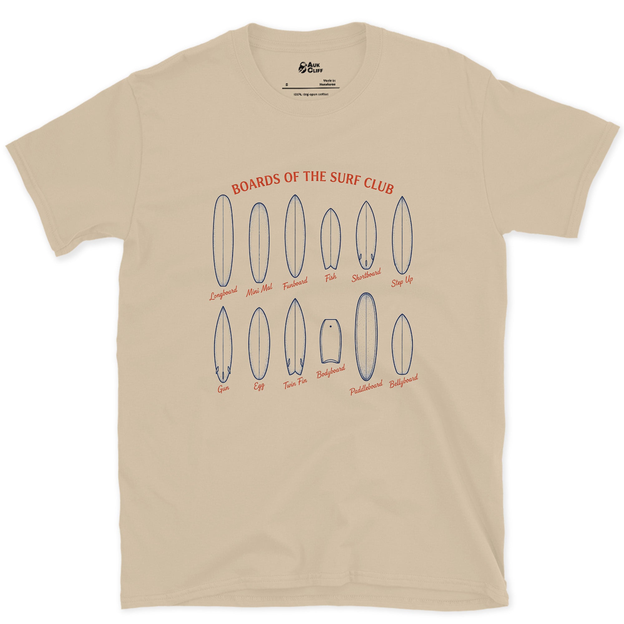 Twelve Boards of the Surf Club design on a Sand Gildan Softstyle t-shirt