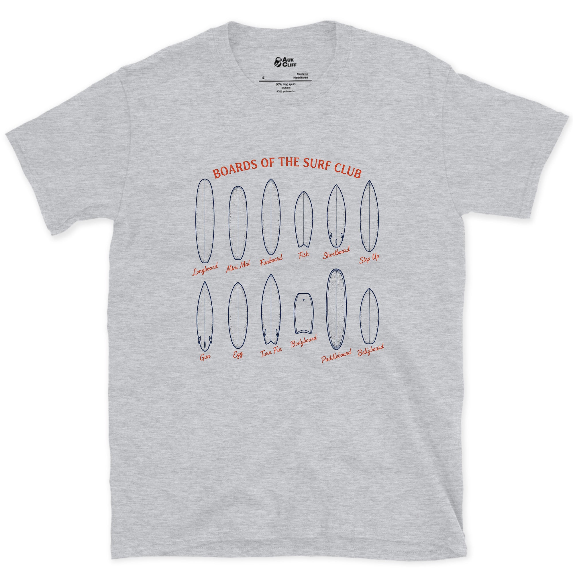 Twelve Boards of the Surf Club design on a Sport Grey Gildan Softstyle t-shirt
