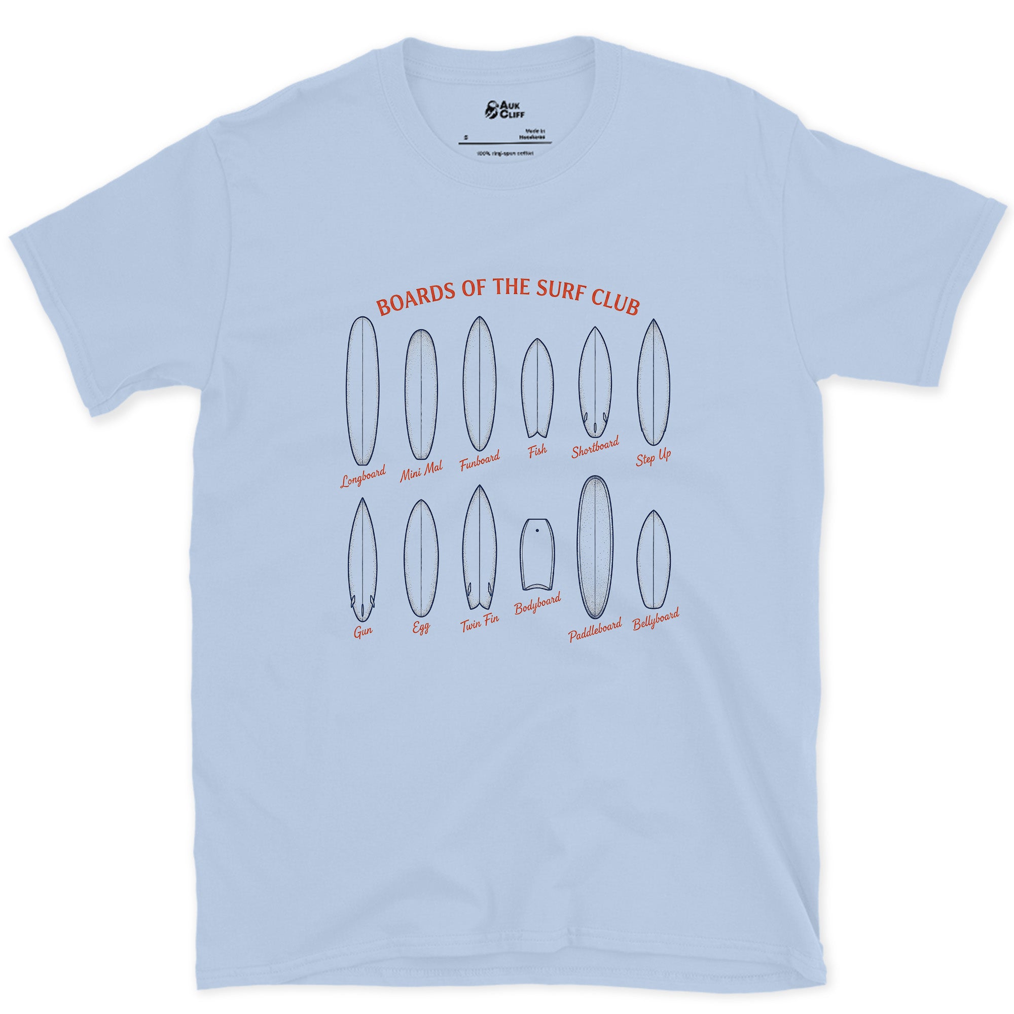 Twelve Boards of the Surf Club design on a Light Blue Gildan Softstyle t-shirt