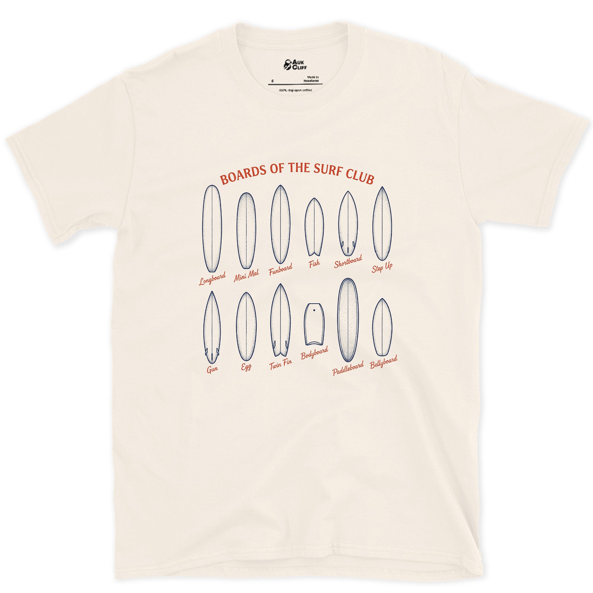 Twelve Boards of the Surf Club design on a Natural Gildan Softstyle t-shirt