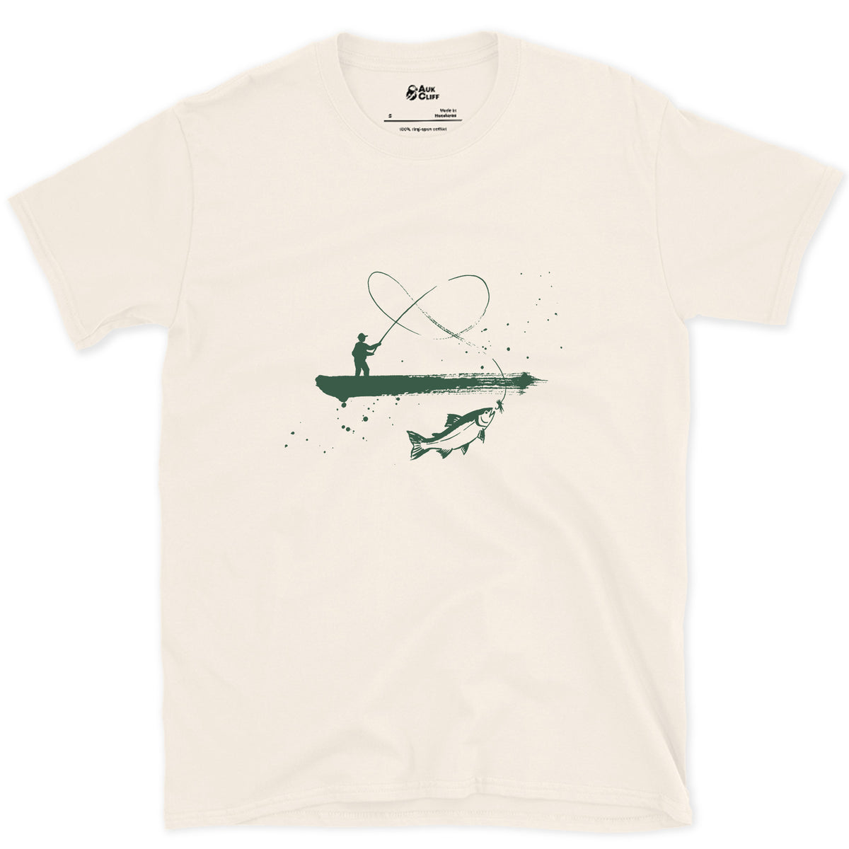 Boat, Line and Fish design on a Natural Gildan Softstyle t-shirt