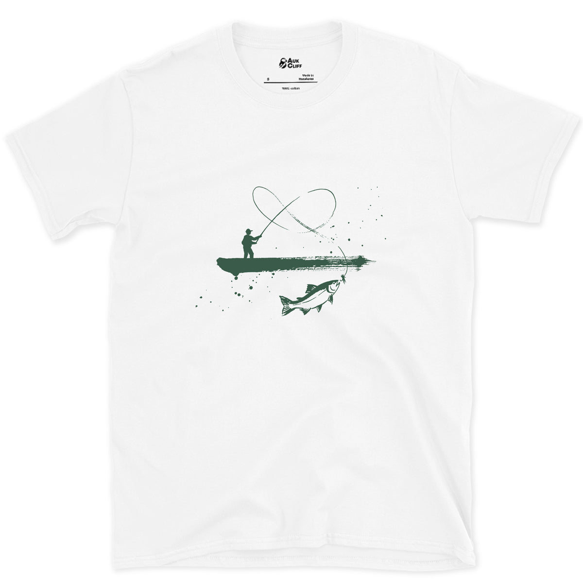 Boat, Line and Fish design on a White Gildan Softstyle t-shirt