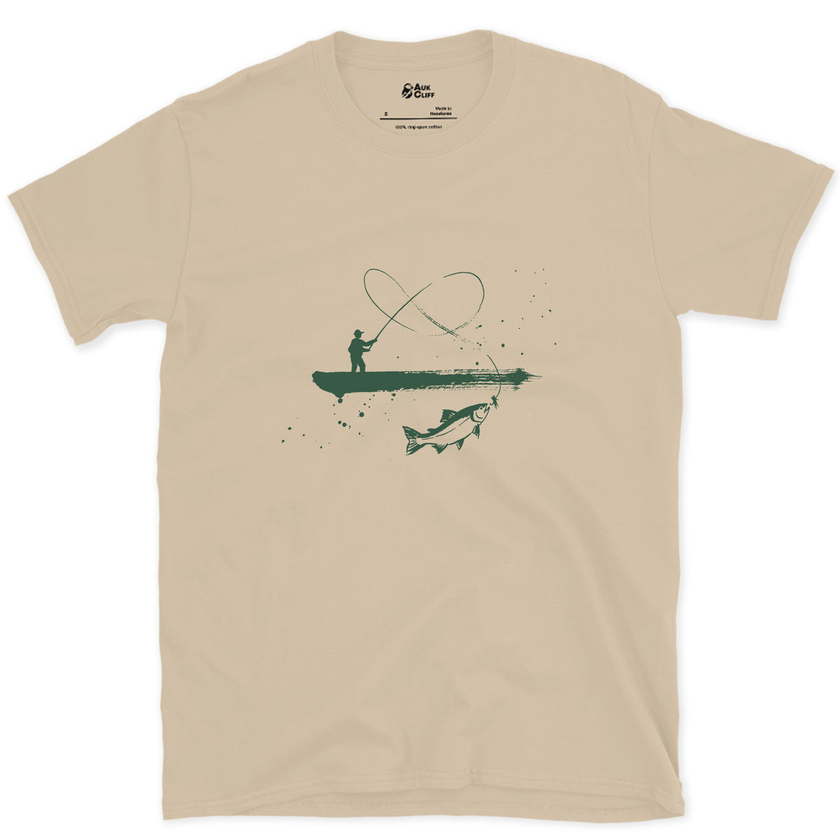 Boat, Line and Fish design on a Sand Gildan Softstyle t-shirt