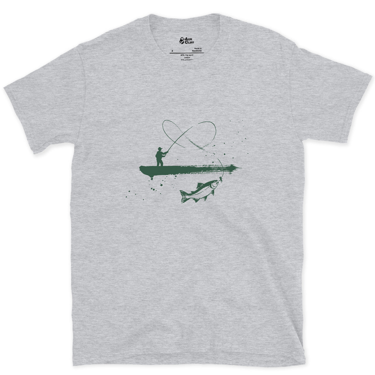 Boat, Line and Fish design on a Sport Grey Gildan Softstyle t-shirt