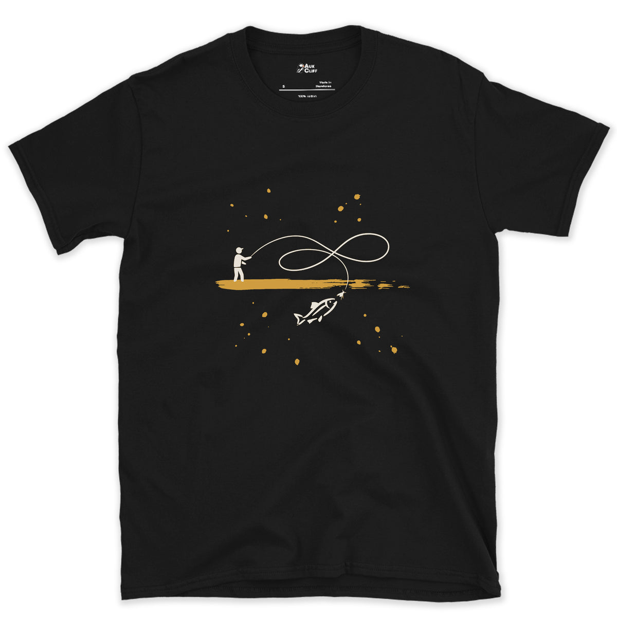 Boat, Line and Fish design on a Black Gildan Softstyle t-shirt