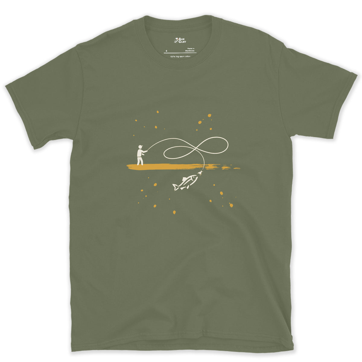 Boat, Line and Fish design on a Military Green Gildan Softstyle t-shirt