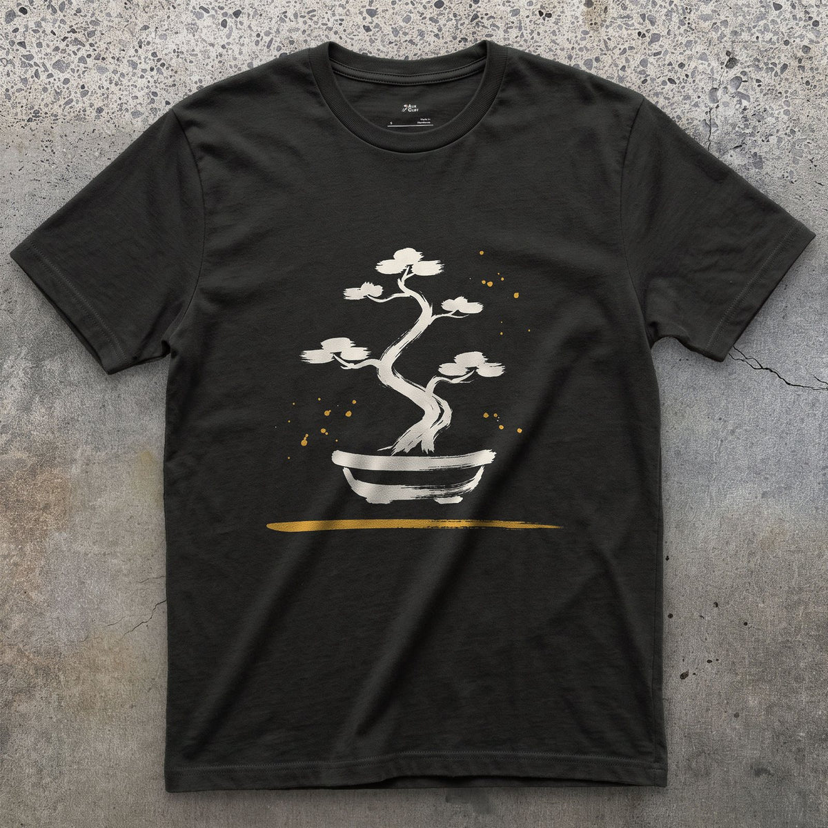 Bonsai Pine design on a Black Gildan Softstyle t-shirt