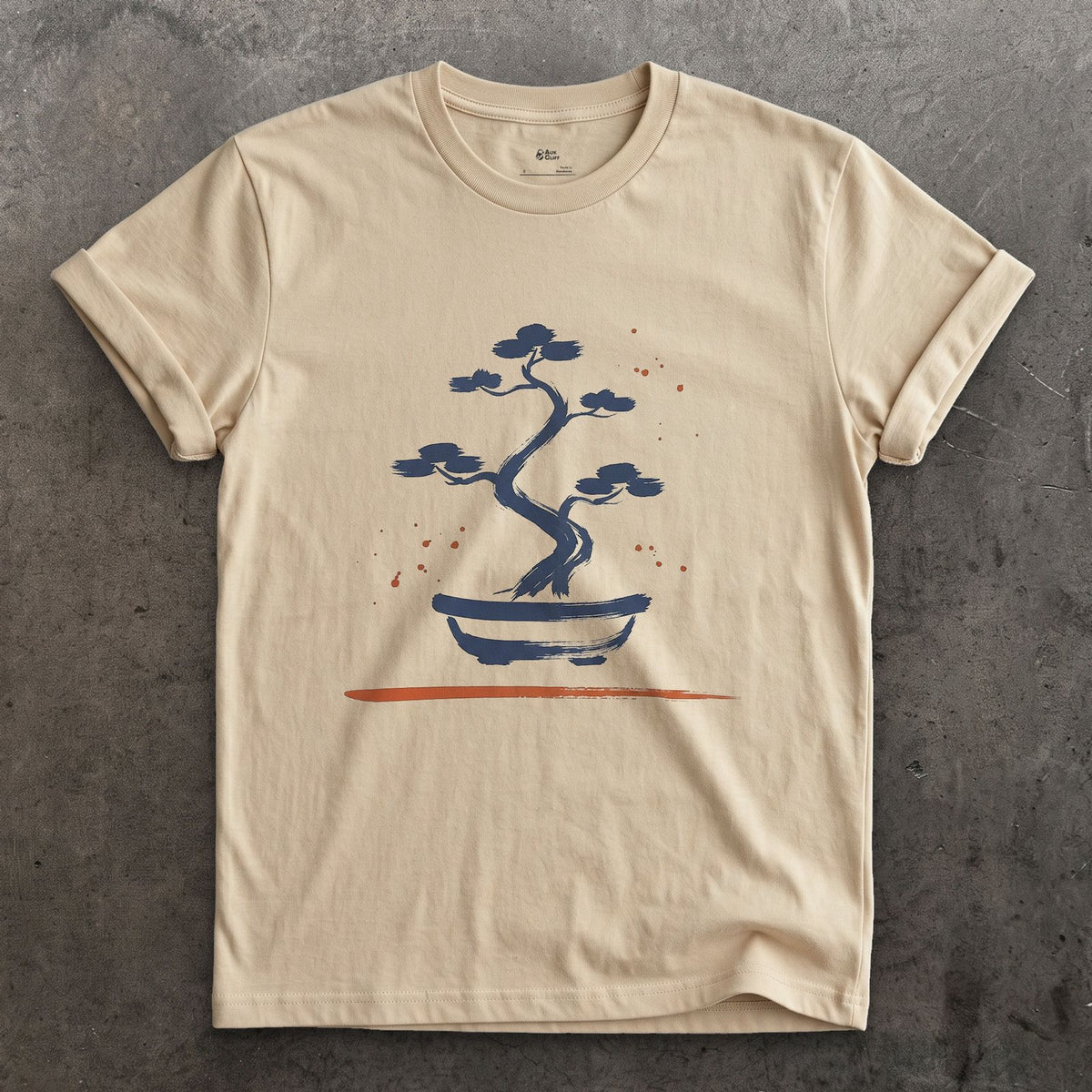 Bonsai Pine design on a Sand Gildan Softstyle t-shirt