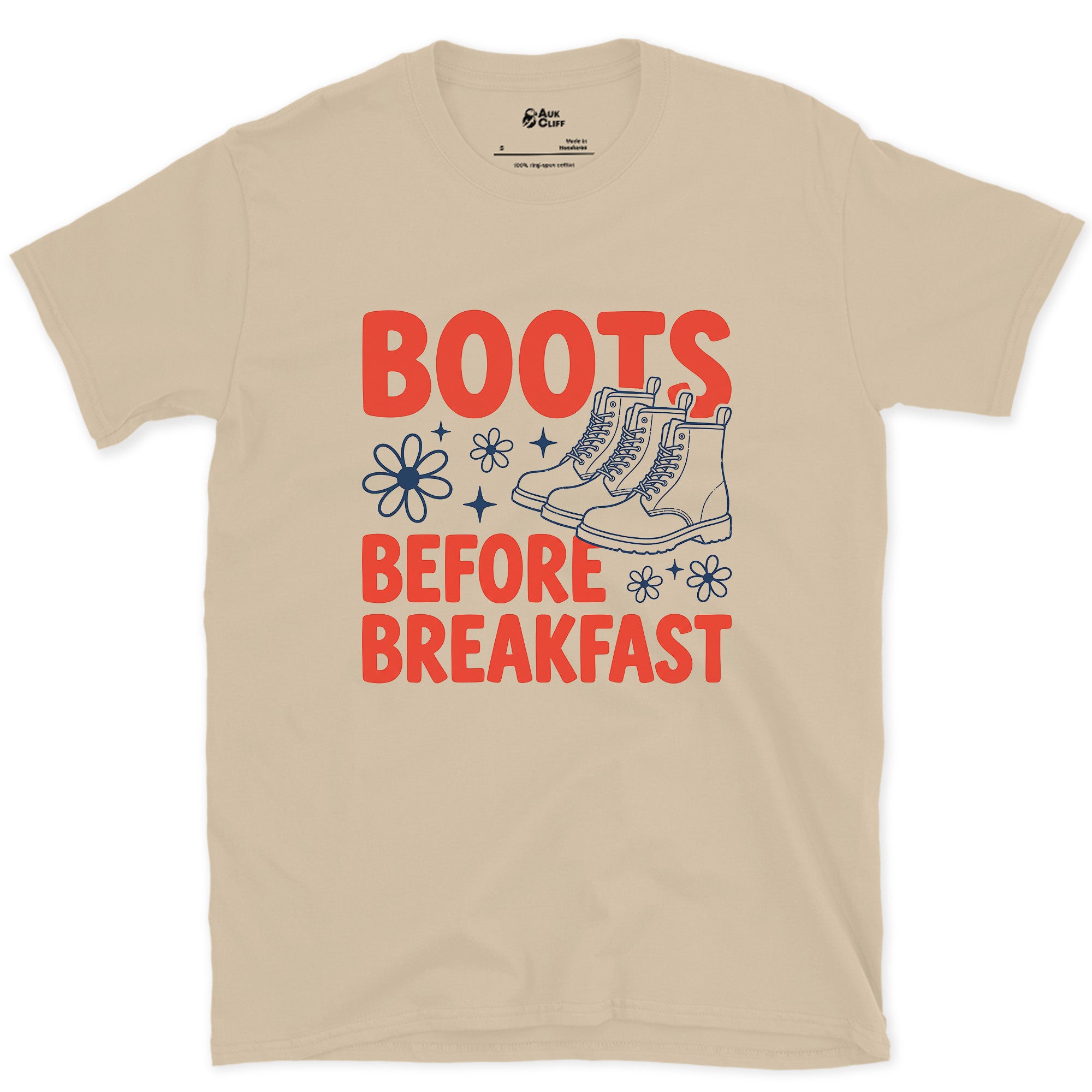 Boots Before Breakfast design on a Sand Gildan Softstyle t-shirt