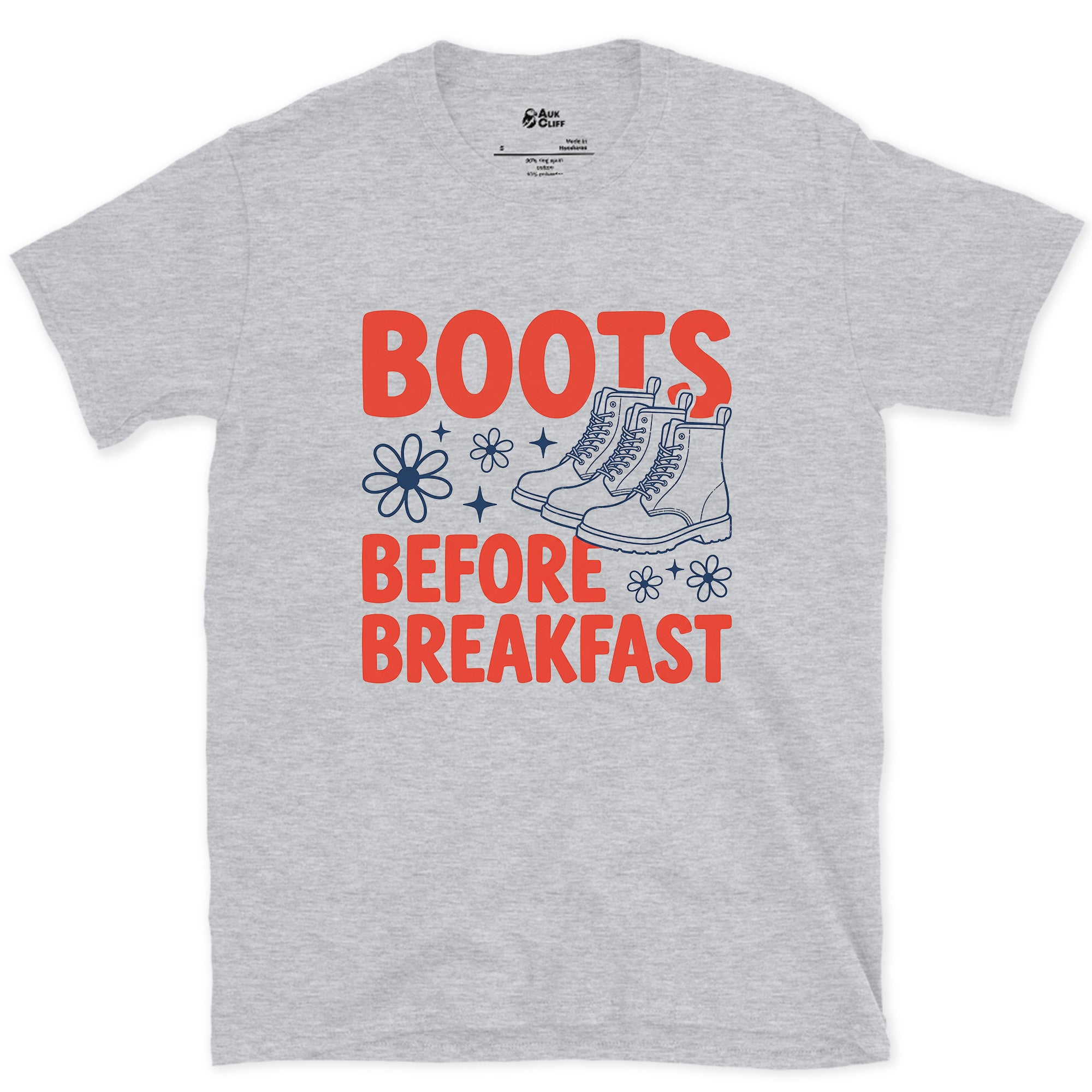 Boots Before Breakfast design on a Sport Grey Gildan Softstyle t-shirt