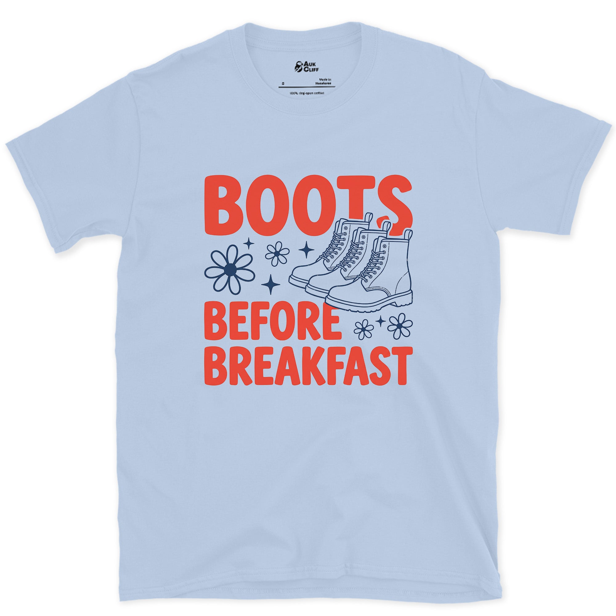 Boots Before Breakfast design on a Light Blue Gildan Softstyle t-shirt