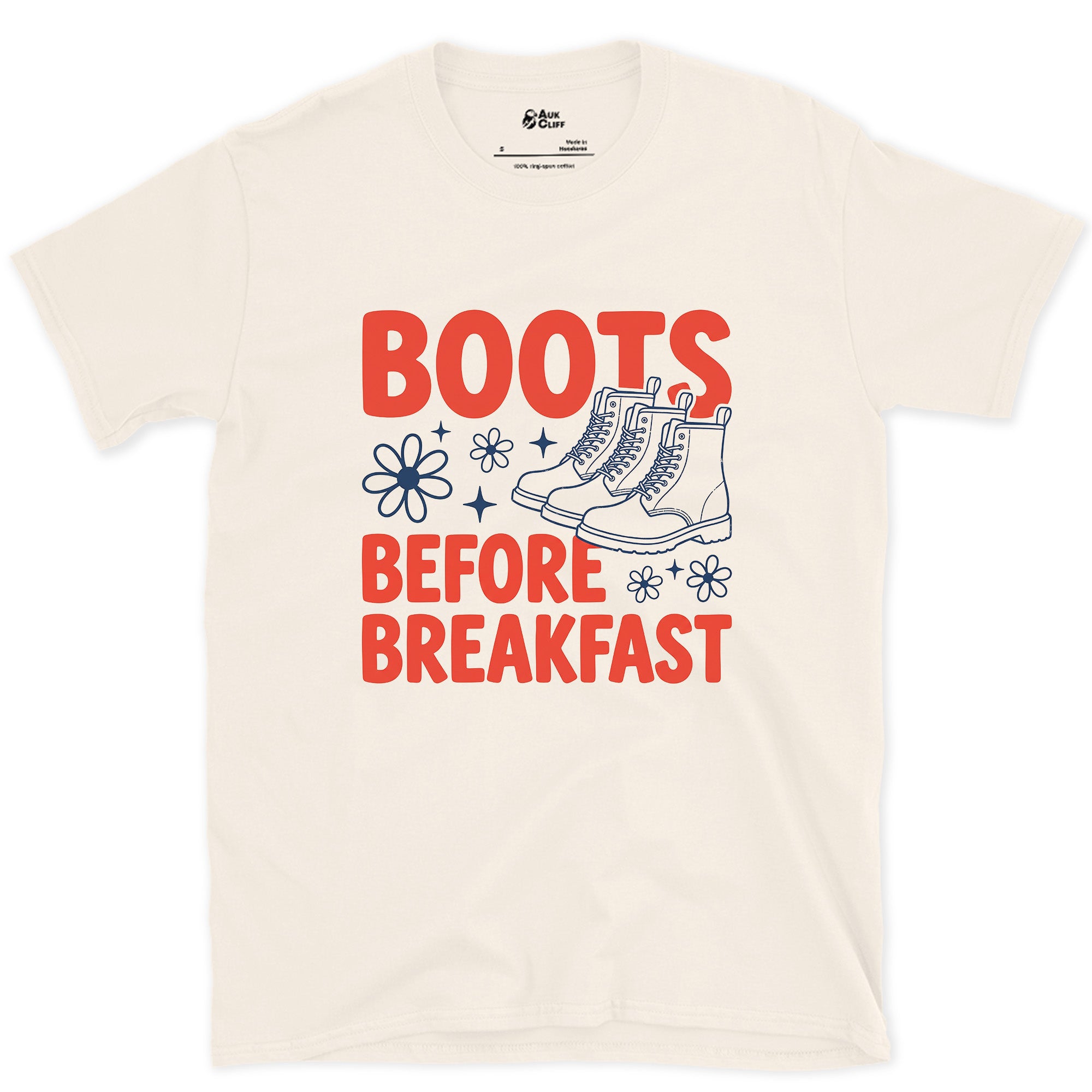 Boots Before Breakfast design on a Natural Gildan Softstyle t-shirt