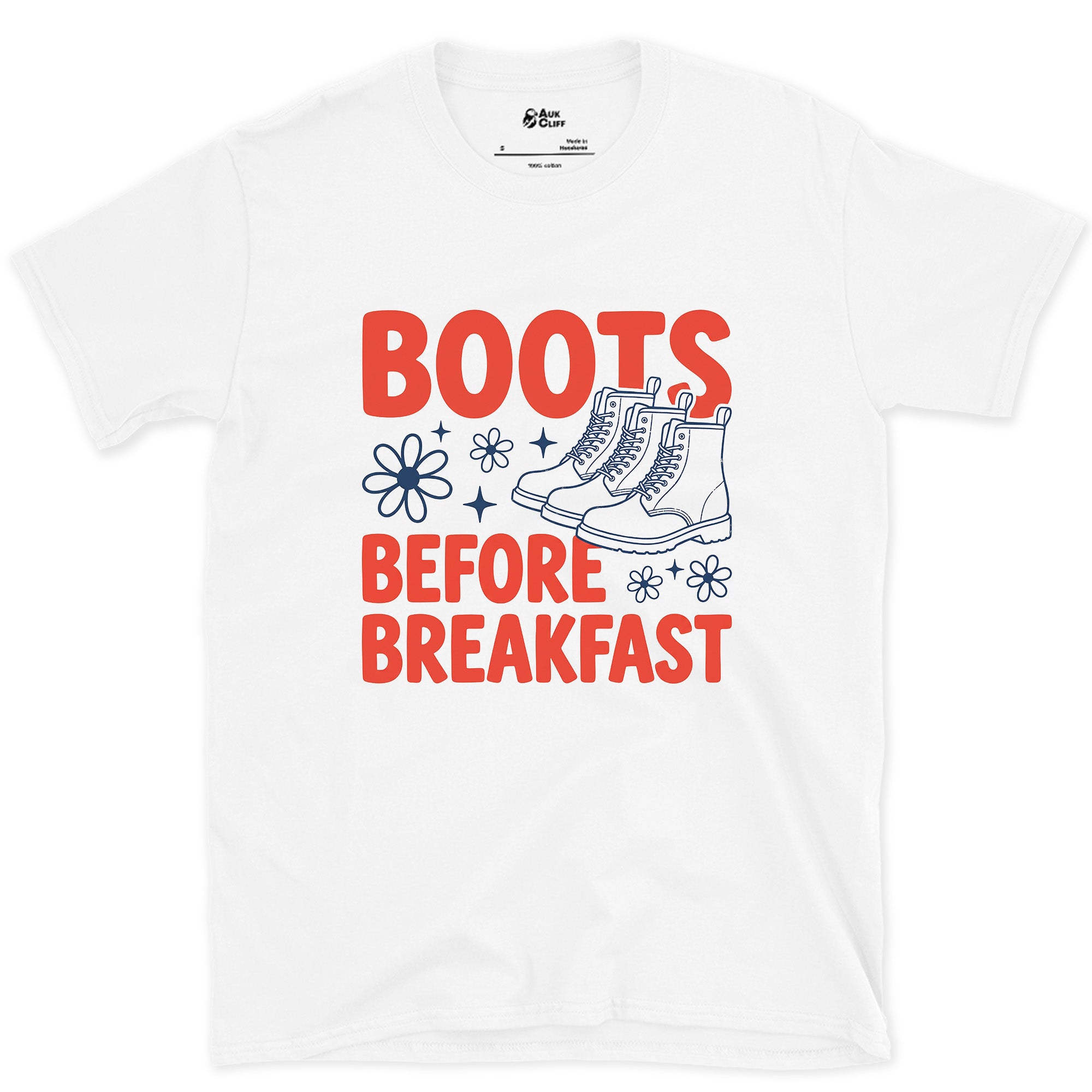 Boots Before Breakfast design on a White Gildan Softstyle t-shirt