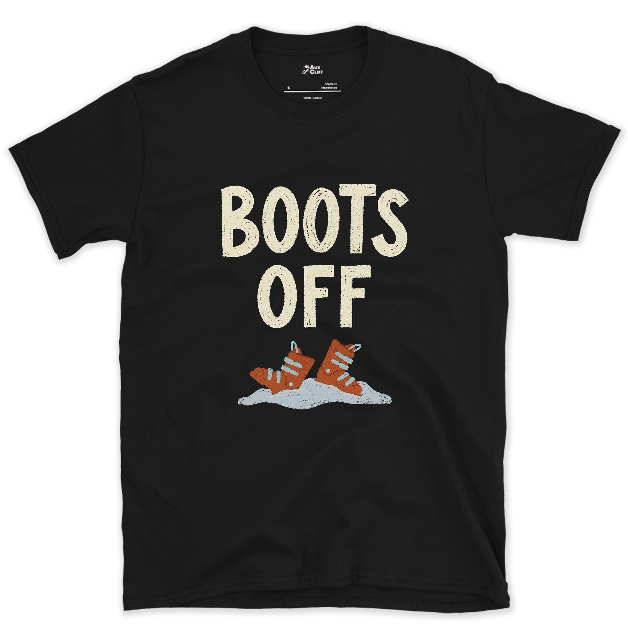 Boots Off, Laces Still Loose in the Snow design on a Black Gildan Softstyle t-shirt