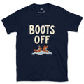 Boots Off, Laces Still Loose in the Snow design on a Navy Gildan Softstyle t-shirt