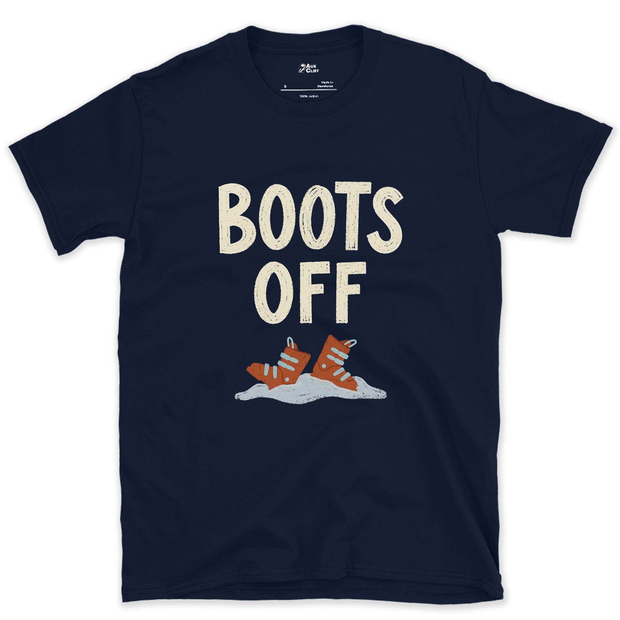 Boots Off, Laces Still Loose in the Snow design on a Navy Gildan Softstyle t-shirt