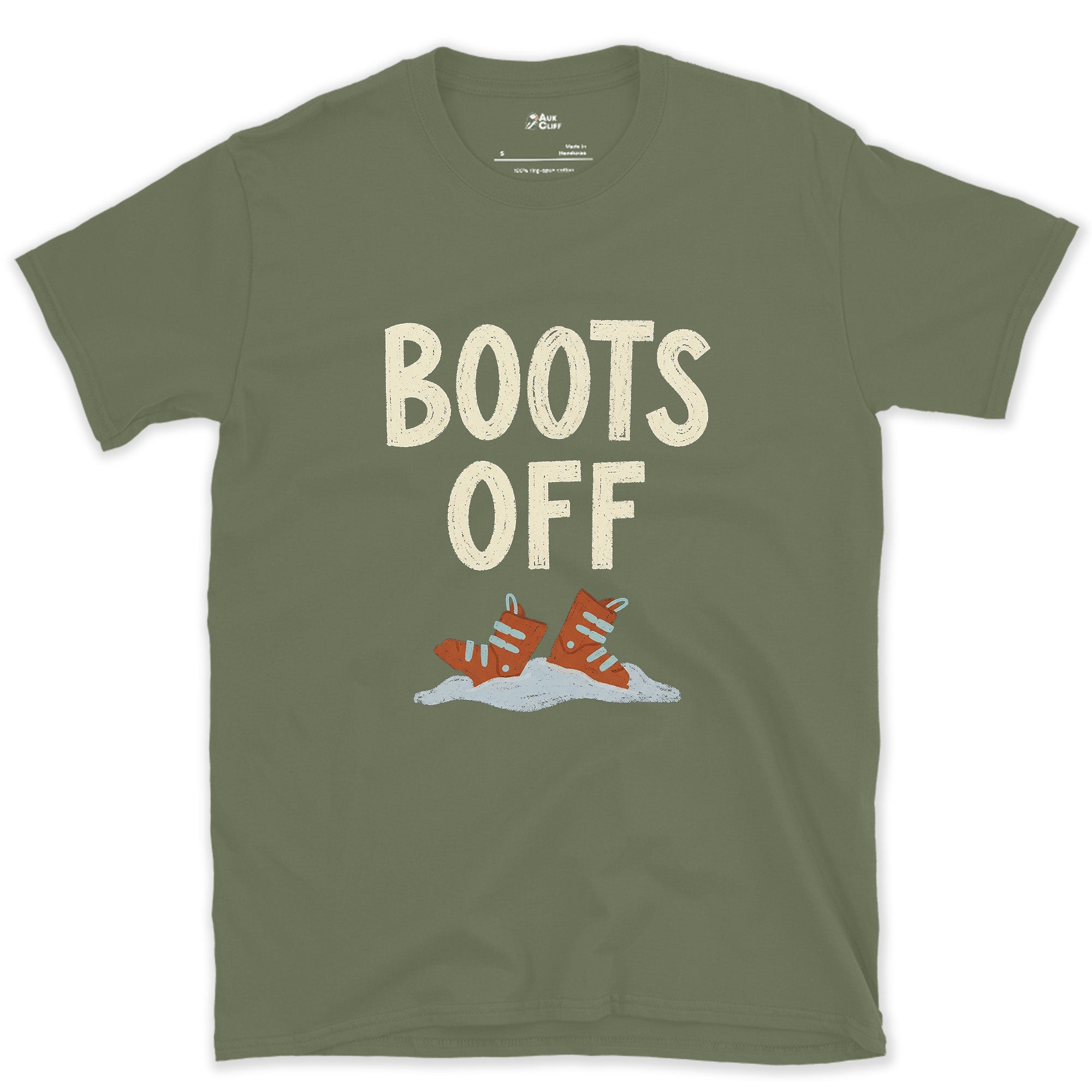 Boots Off, Laces Still Loose in the Snow design on a Military Green Gildan Softstyle t-shirt