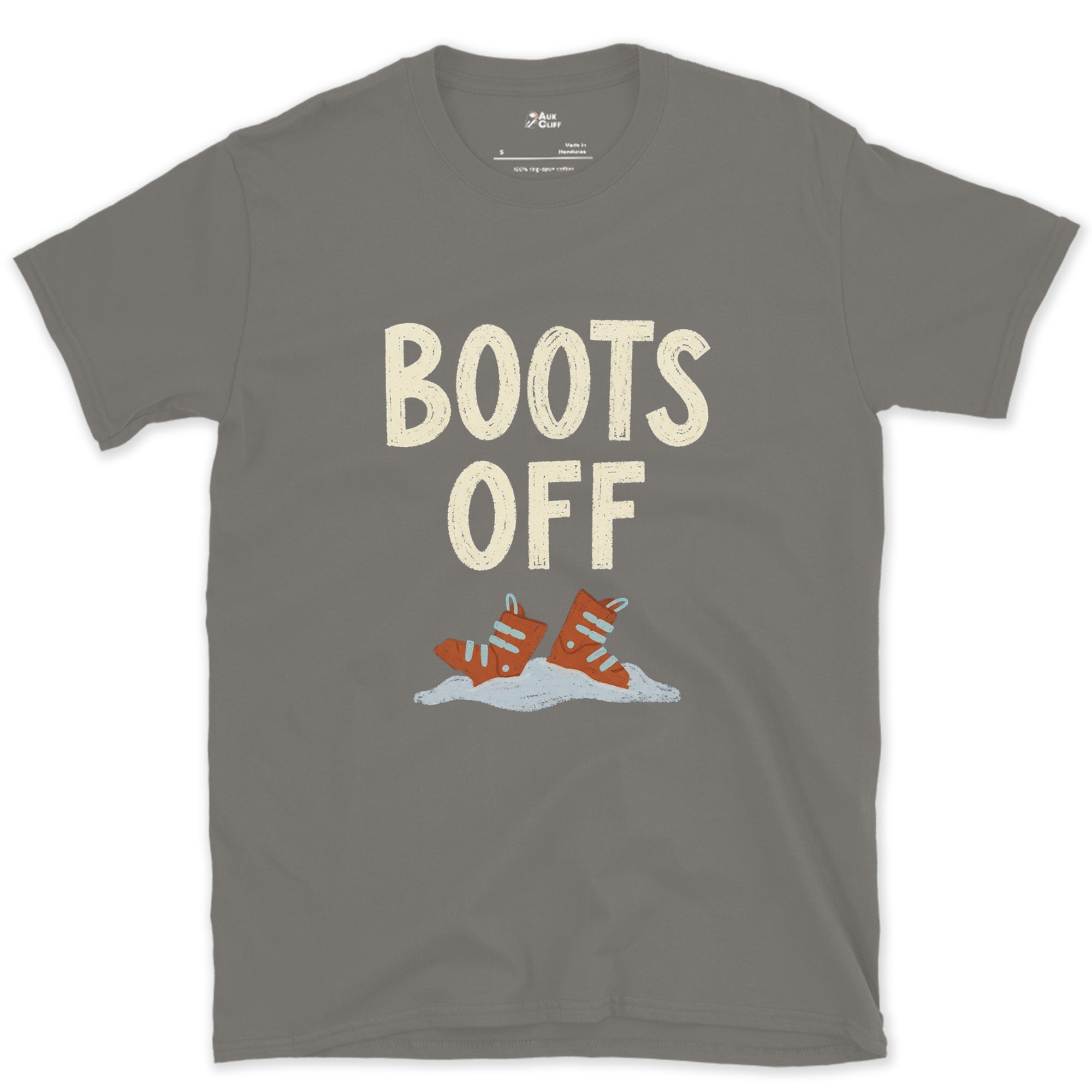 Boots Off, Laces Still Loose in the Snow design on a Charcoal Gildan Softstyle t-shirt