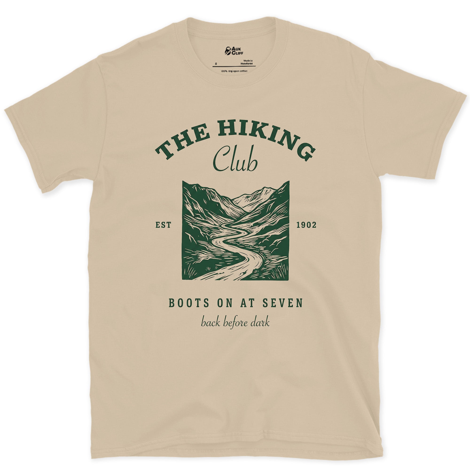 Boots on at Seven, Back Before Dark design on a Sand Gildan Softstyle t-shirt
