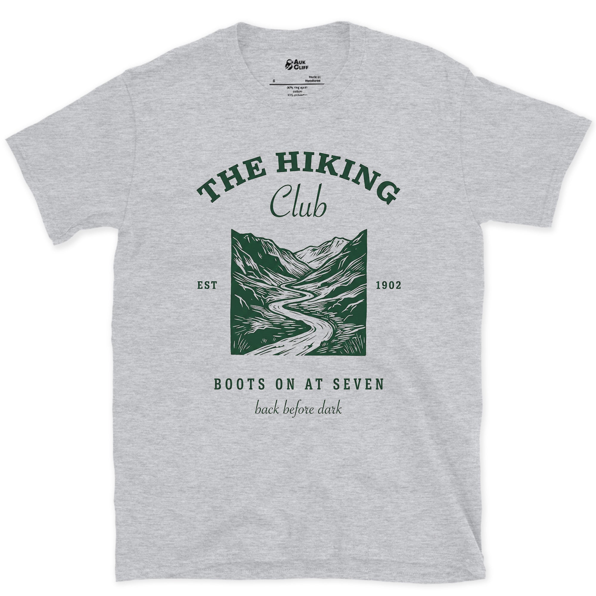 Boots on at Seven, Back Before Dark design on a Sport Grey Gildan Softstyle t-shirt