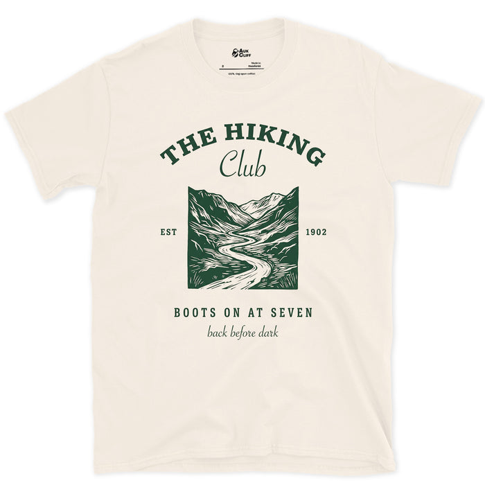Boots on at Seven, Back Before Dark design on a Natural Gildan Softstyle t-shirt