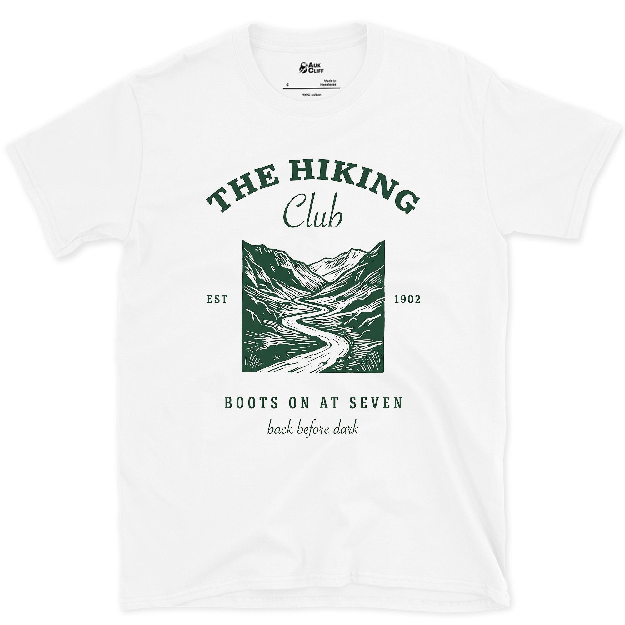 Boots on at Seven, Back Before Dark design on a White Gildan Softstyle t-shirt