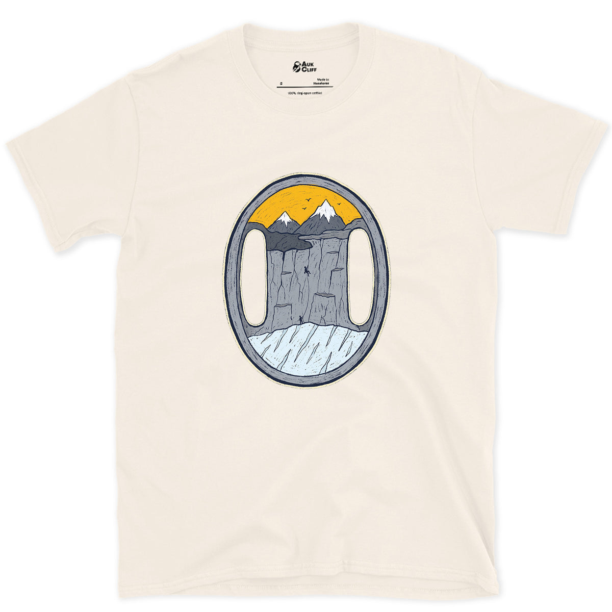 Both Slots on the Belay Plate design on a Natural Gildan Softstyle t-shirt