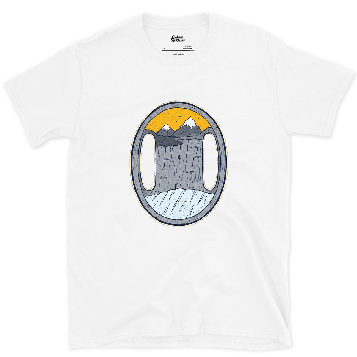 Both Slots on the Belay Plate design on a White Gildan Softstyle t-shirt