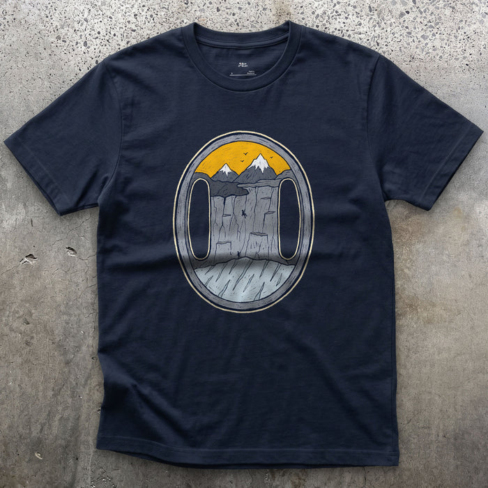 Both Slots on the Belay Plate design on a Navy Gildan Softstyle t-shirt
