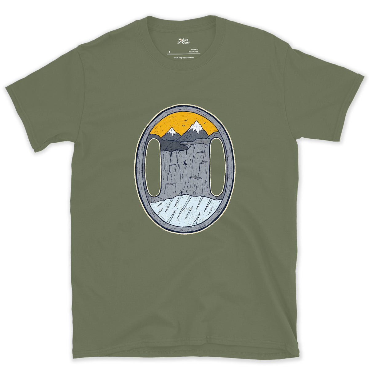 Both Slots on the Belay Plate design on a Military Green Gildan Softstyle t-shirt