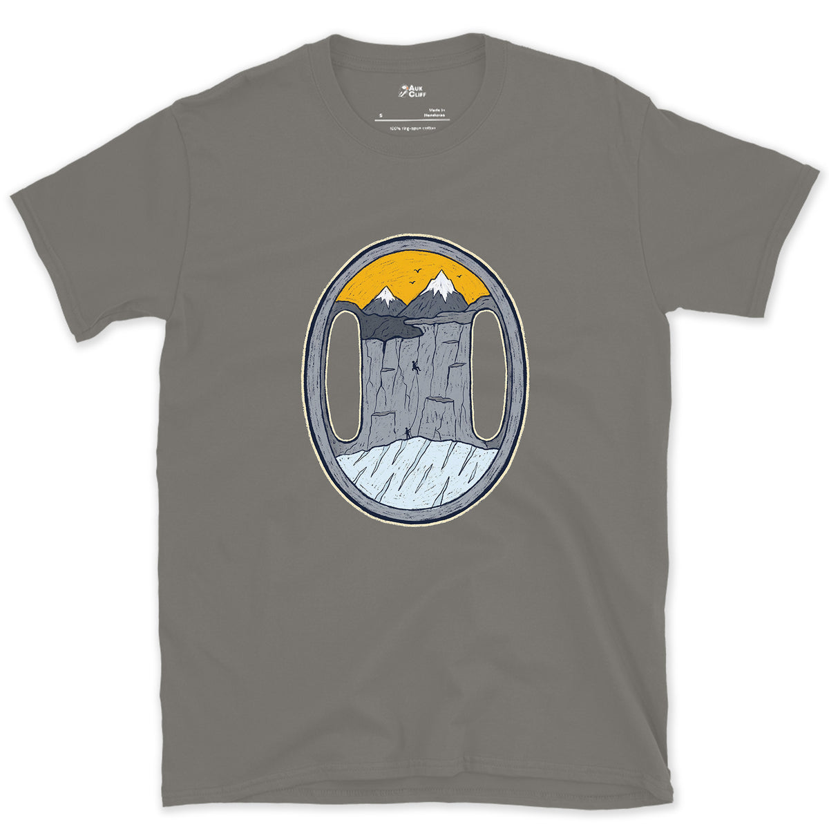 Both Slots on the Belay Plate design on a Charcoal Gildan Softstyle t-shirt
