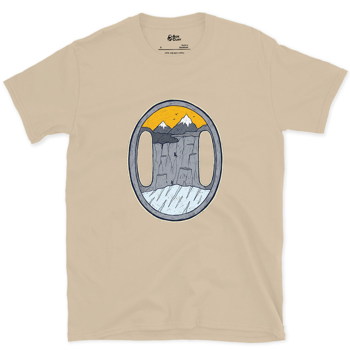 Both Slots on the Belay Plate design on a Sand Gildan Softstyle t-shirt