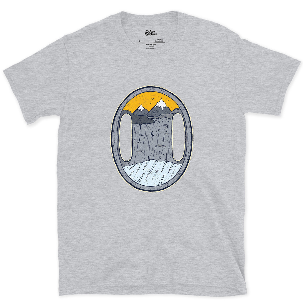 Both Slots on the Belay Plate design on a Sport Grey Gildan Softstyle t-shirt
