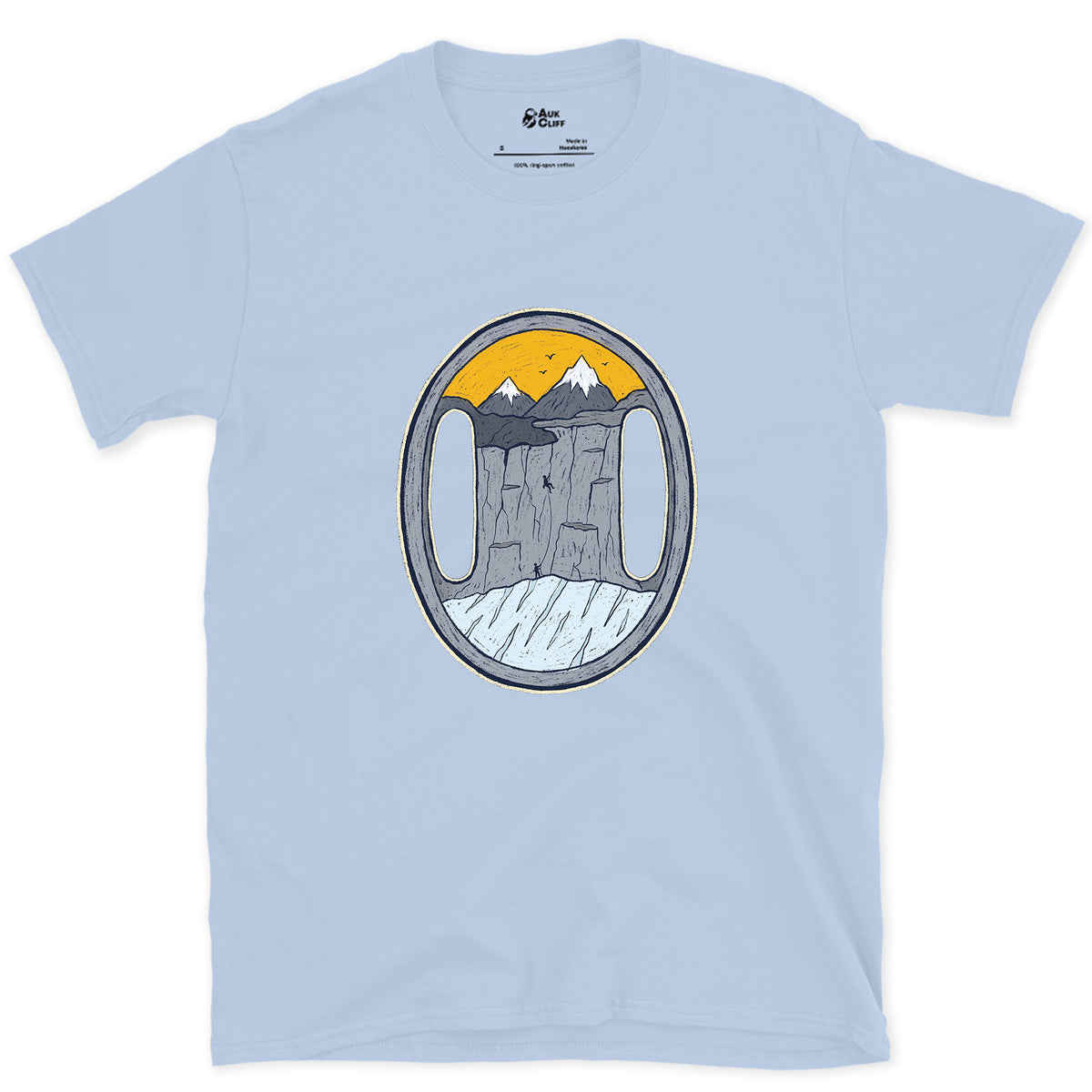 Both Slots on the Belay Plate design on a Light Blue Gildan Softstyle t-shirt