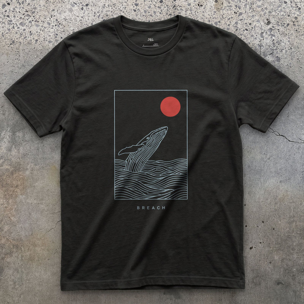 Breach, Whale Caught Mid-Arc design on a Black Gildan Softstyle t-shirt