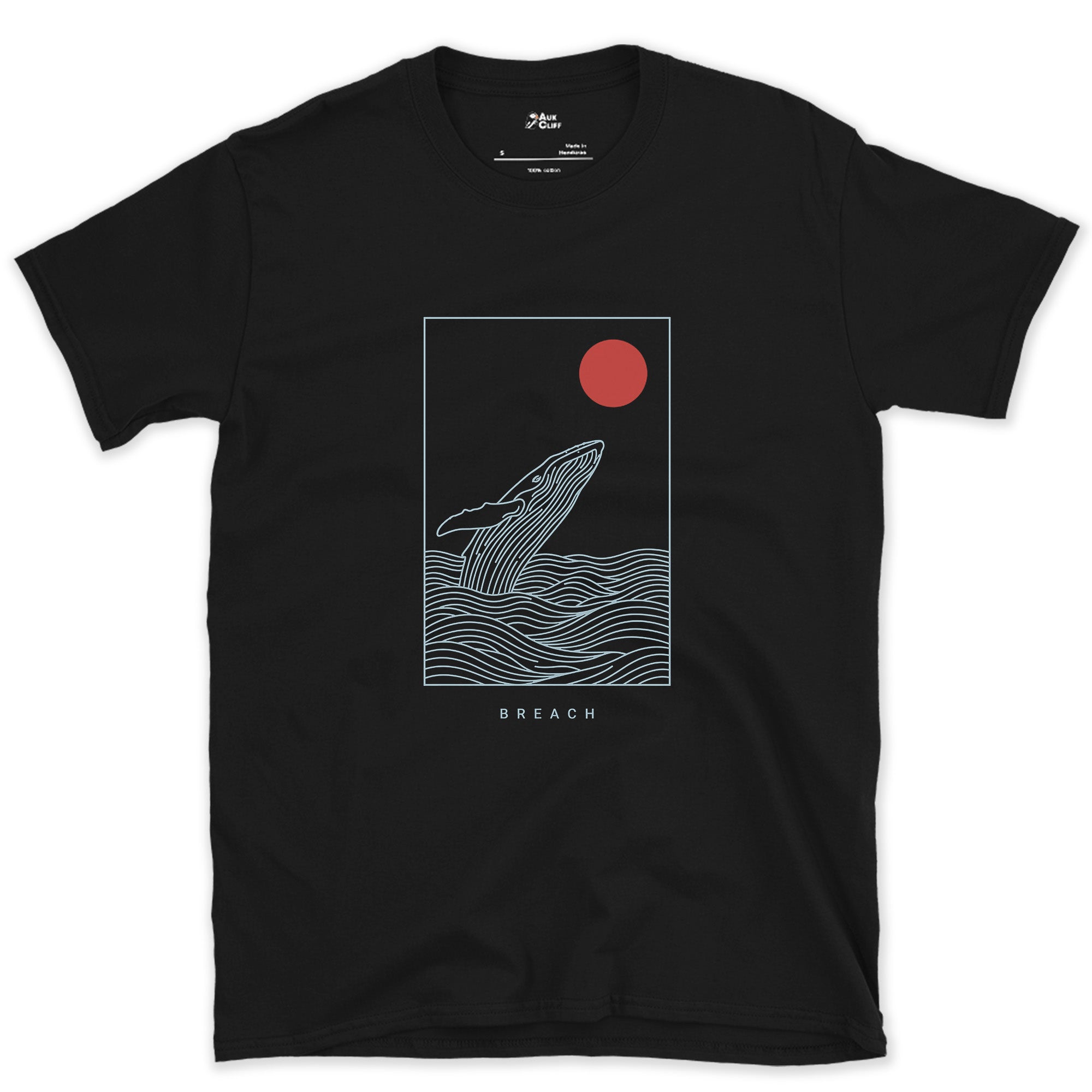 Breach, Whale Caught Mid-Arc design on a Black Gildan Softstyle t-shirt