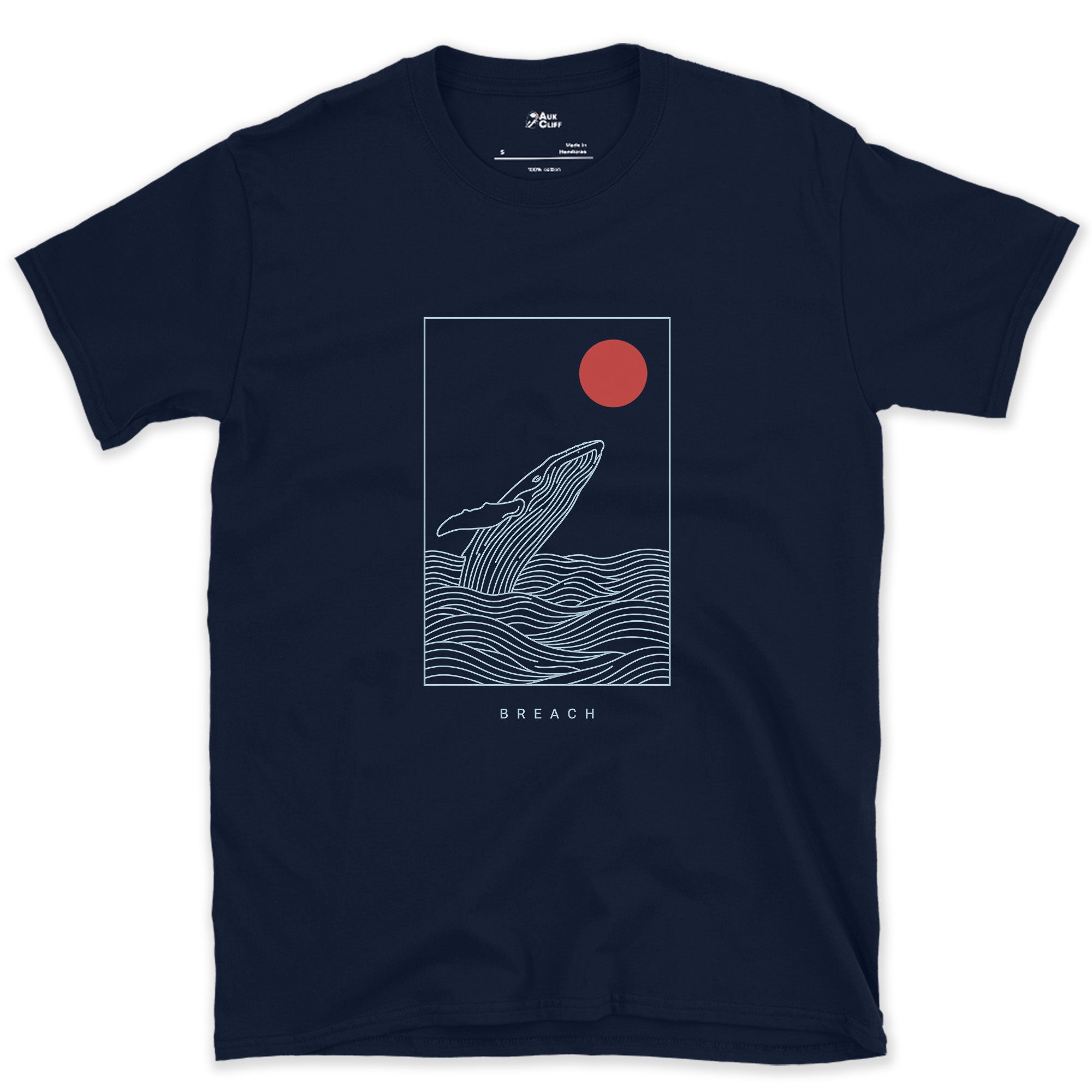 Breach, Whale Caught Mid-Arc design on a Navy Gildan Softstyle t-shirt