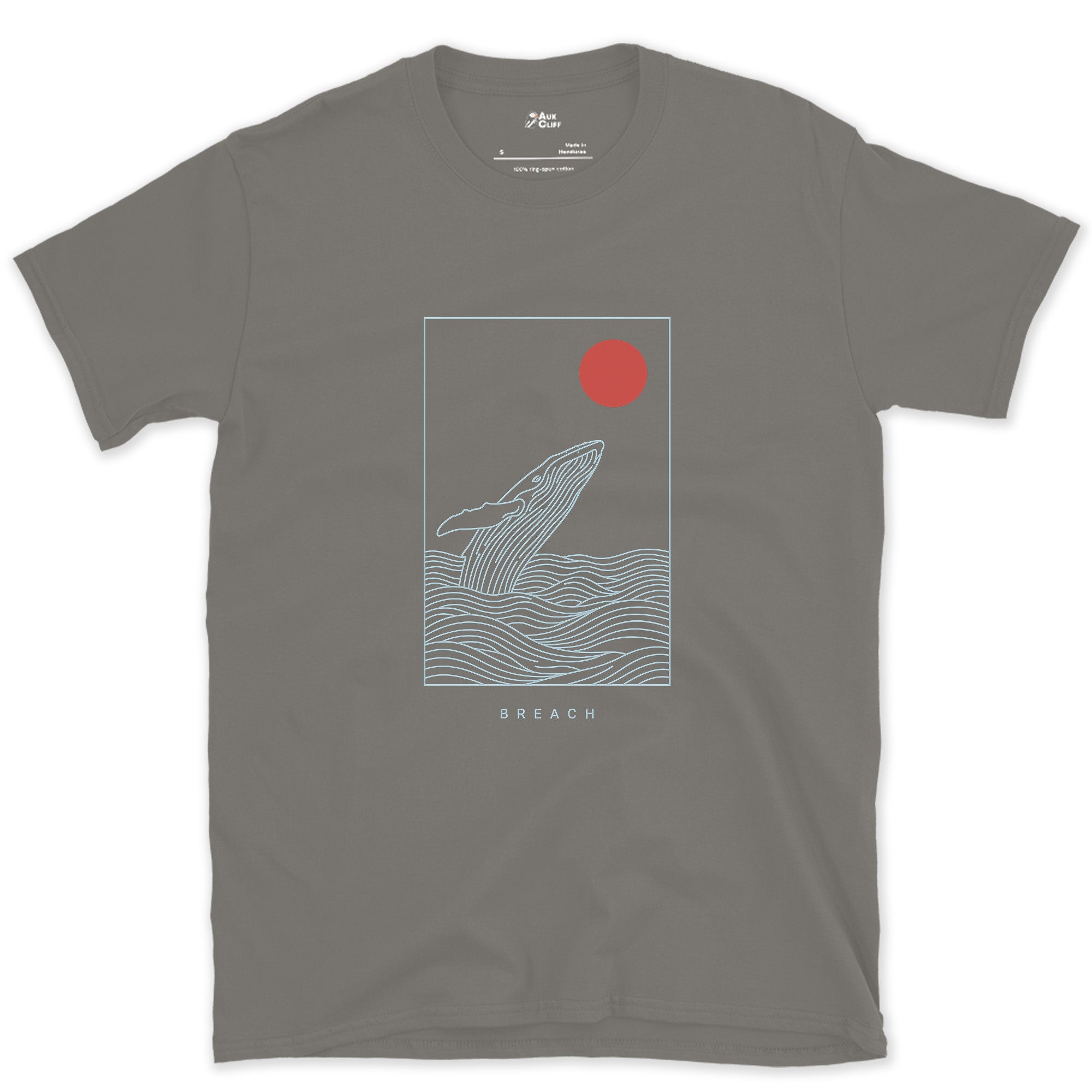 Breach, Whale Caught Mid-Arc design on a Charcoal Gildan Softstyle t-shirt