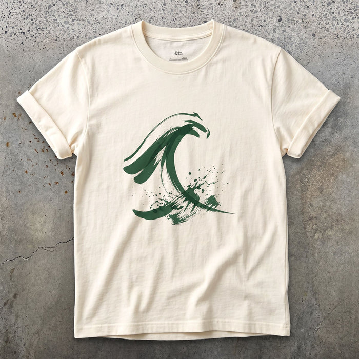 Wave Caught Mid Break in Wet Ink design on a Natural Gildan Softstyle t-shirt