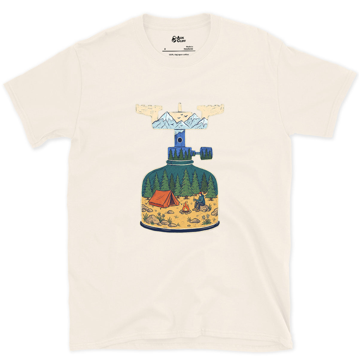 Brew On at High Camp, Backpacking Stove design on a Natural Gildan Softstyle t-shirt