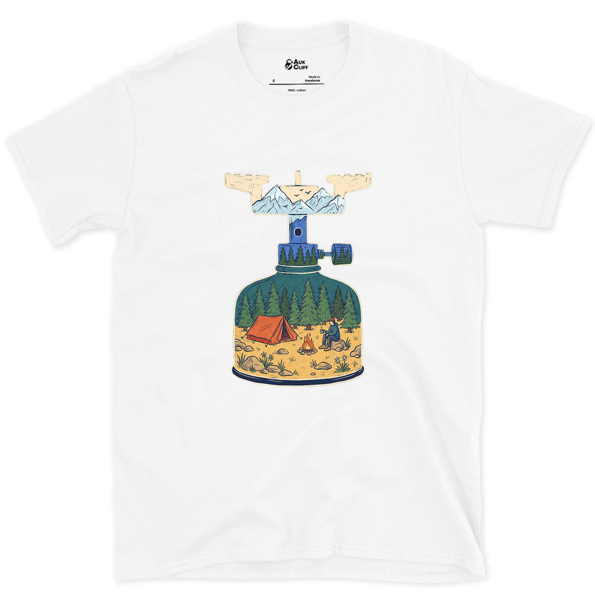 Brew On at High Camp, Backpacking Stove design on a White Gildan Softstyle t-shirt
