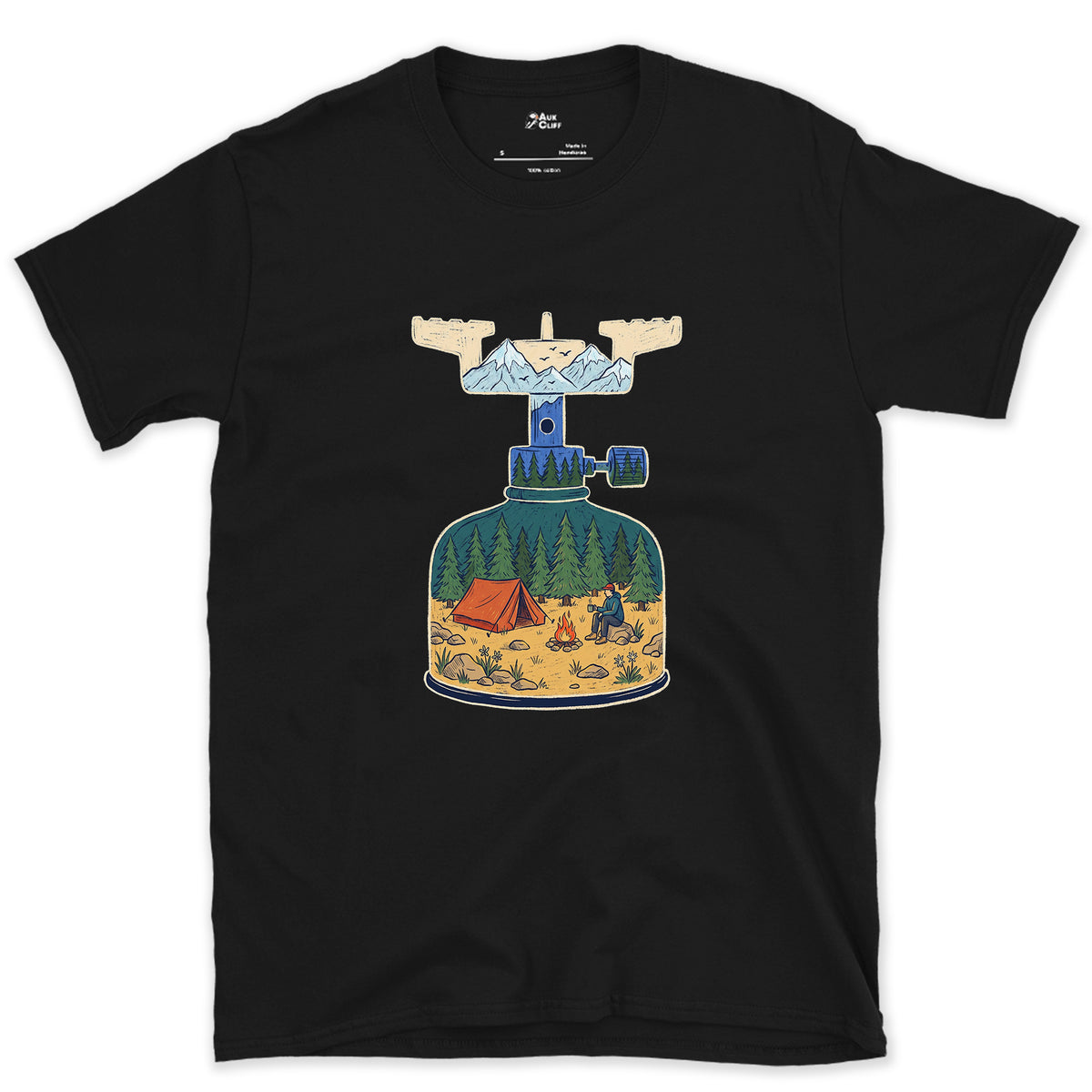 Brew On at High Camp, Backpacking Stove design on a Black Gildan Softstyle t-shirt