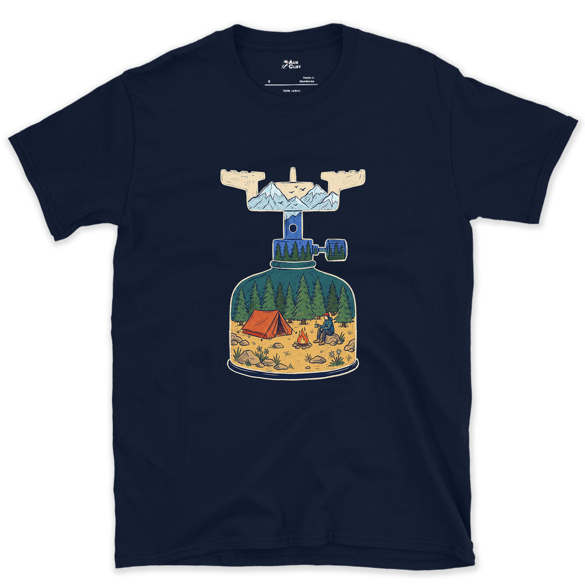 Brew On at High Camp, Backpacking Stove design on a Navy Gildan Softstyle t-shirt